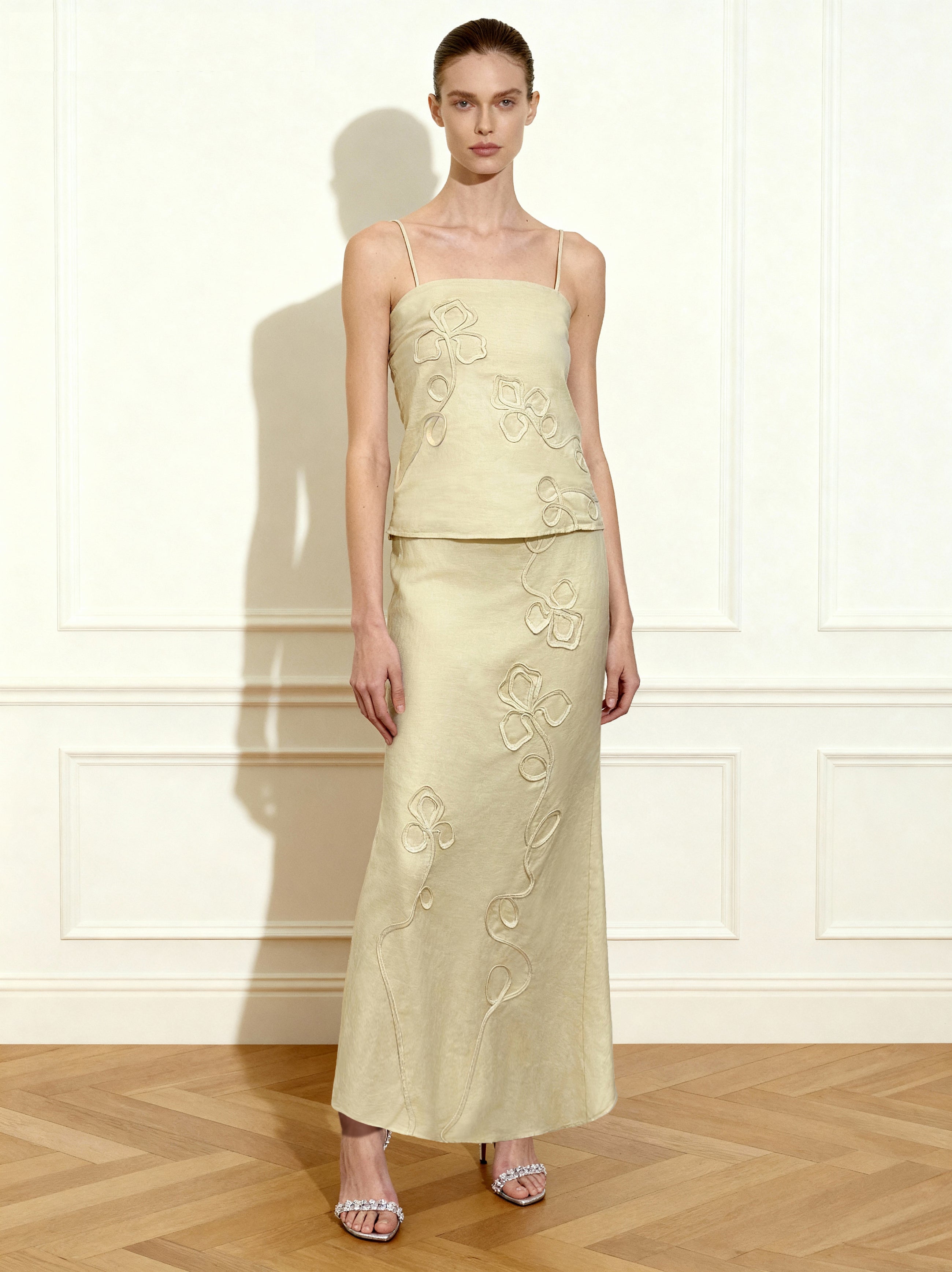 Linen Corded Embroidery Strappy Camisole - Natural