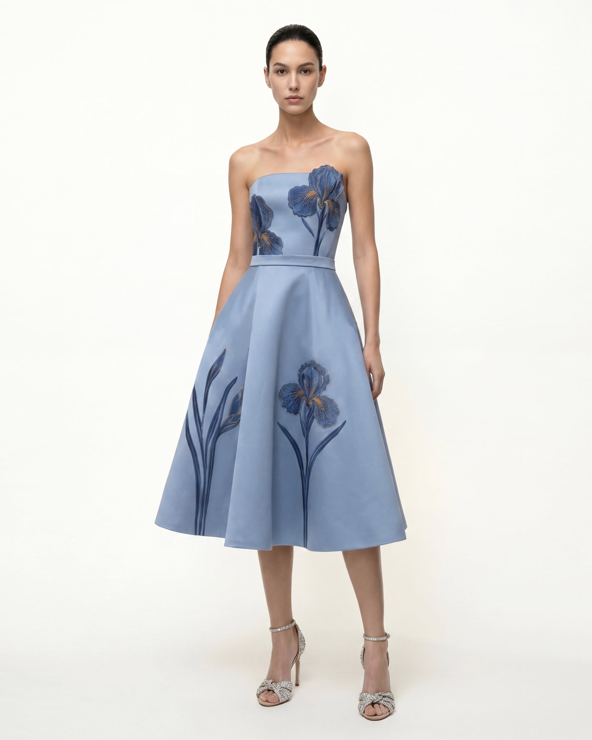 Iris Embroidered Strapless A-Line Midi Dress
