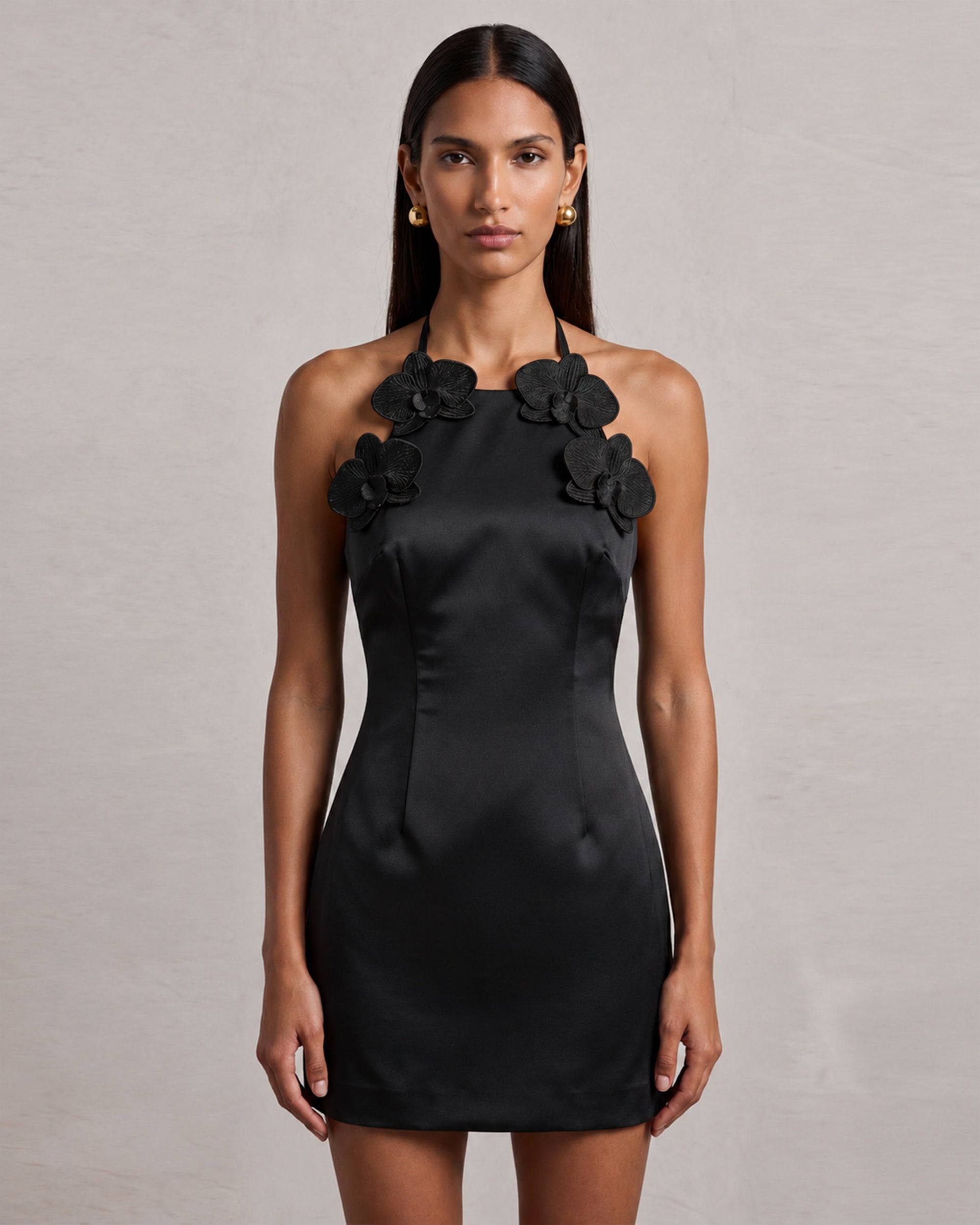 halter applique mini dress Iris Floral Appliqué Halter Mini Dress - Black