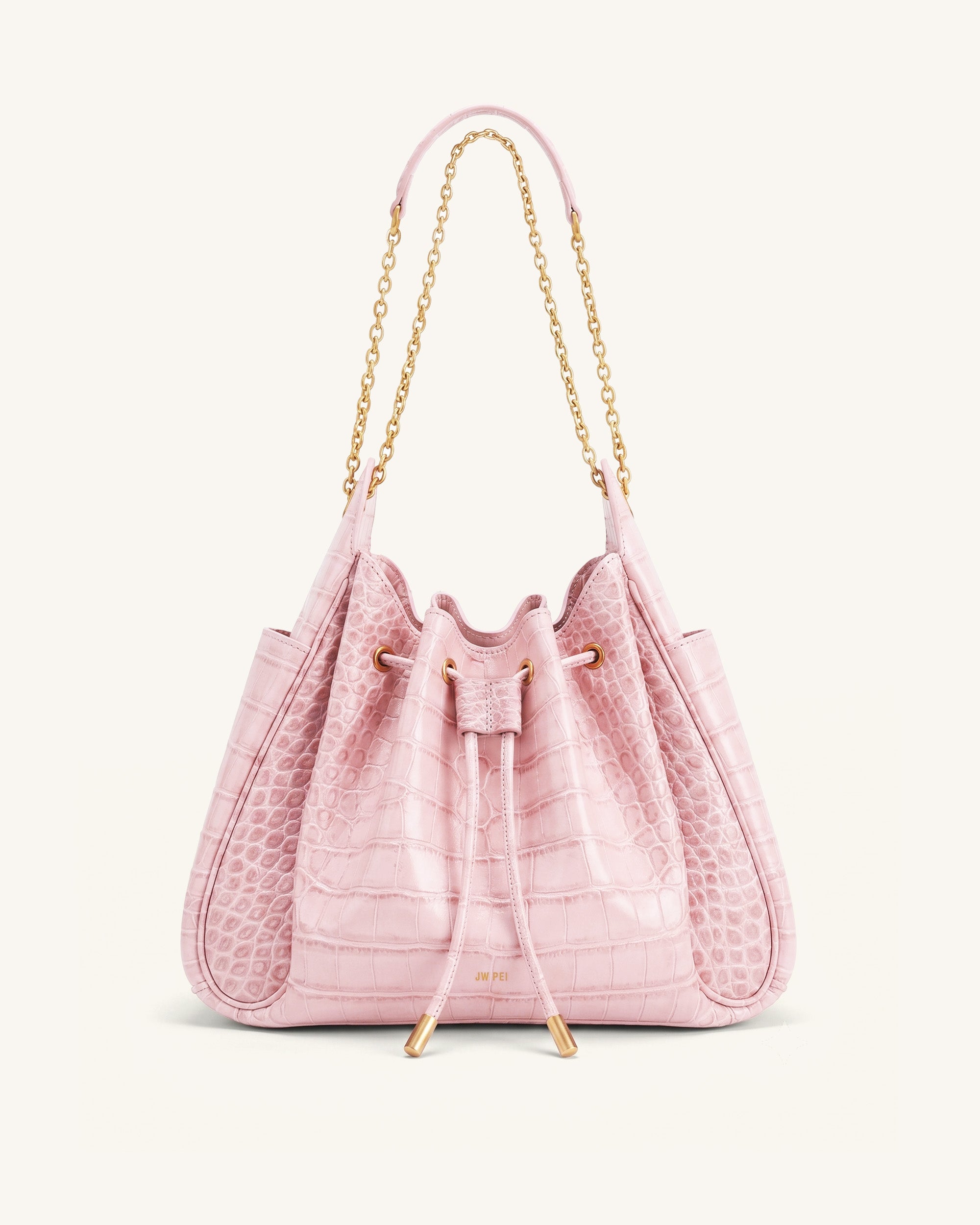 Rowan Ruched Drawstring Chain Bucket Bag - Pink Croc | JW PEI