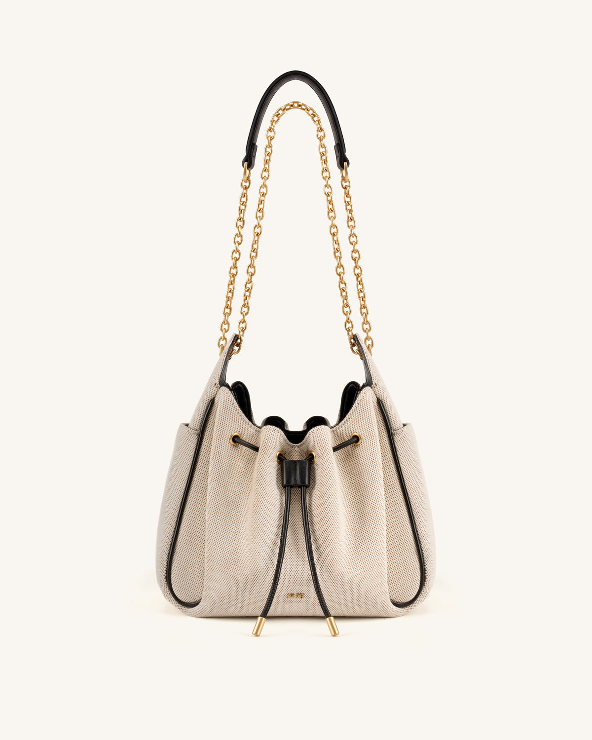 Rowan Ruched Drawstring Chain Bucket Bag - Black Canvas