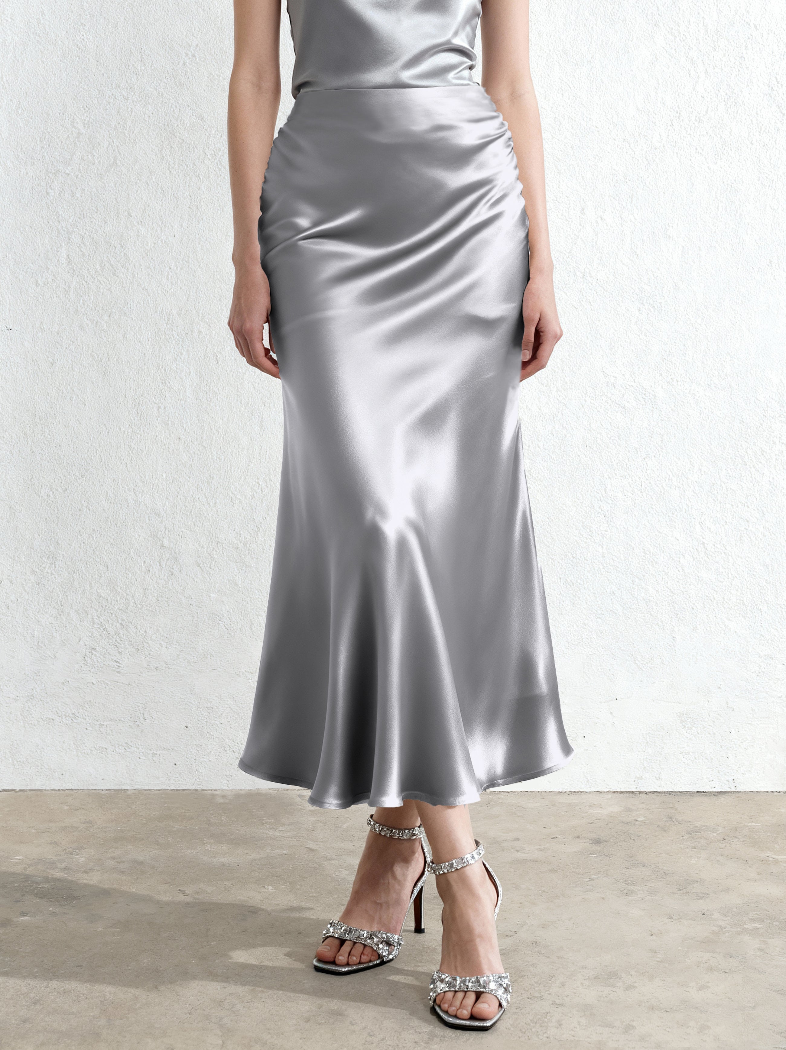 Liquid Satin Mermaid Maxi Skirt - Silver