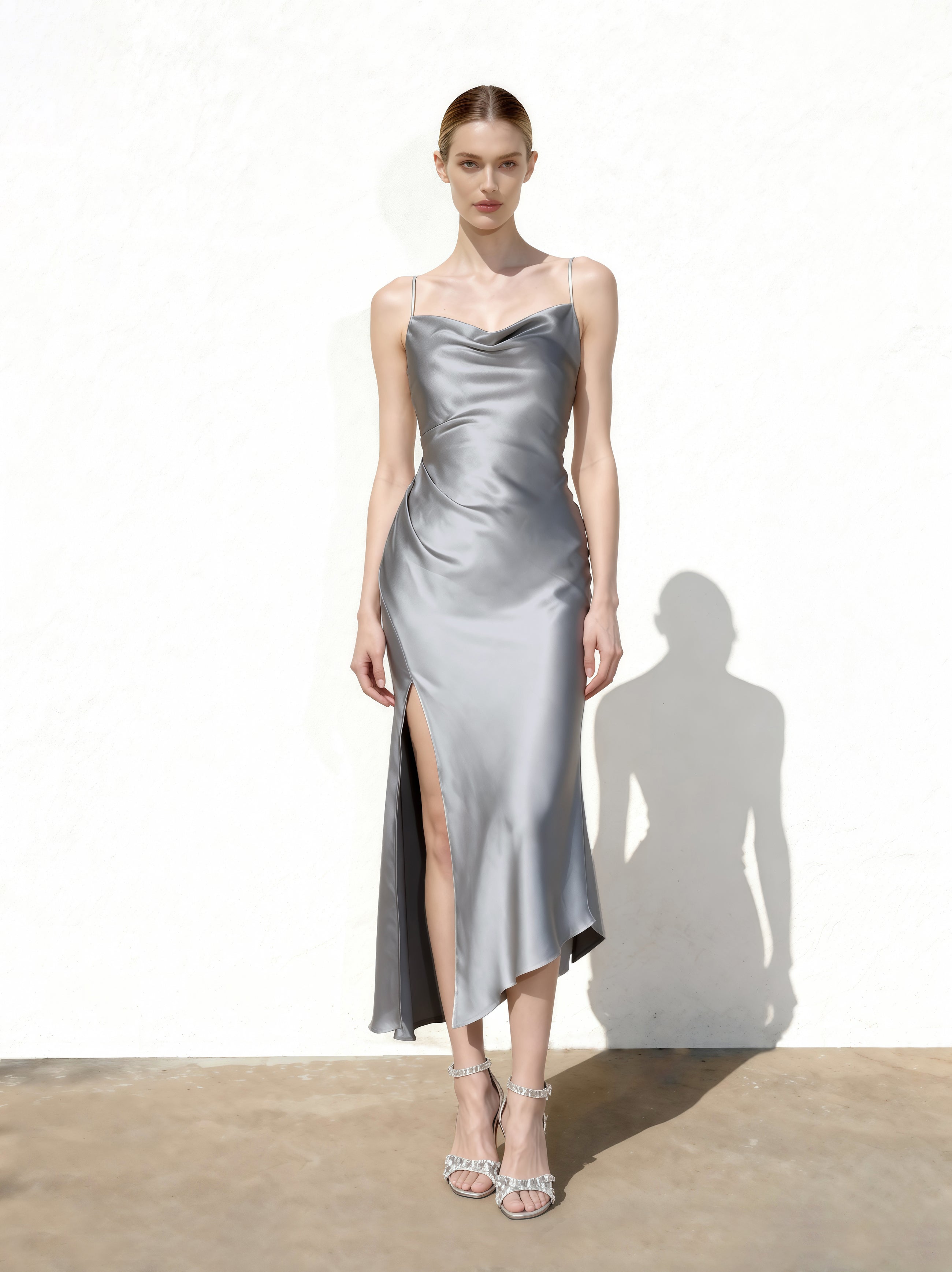 Liquid Satin Cowl-Slit Gown - Silver