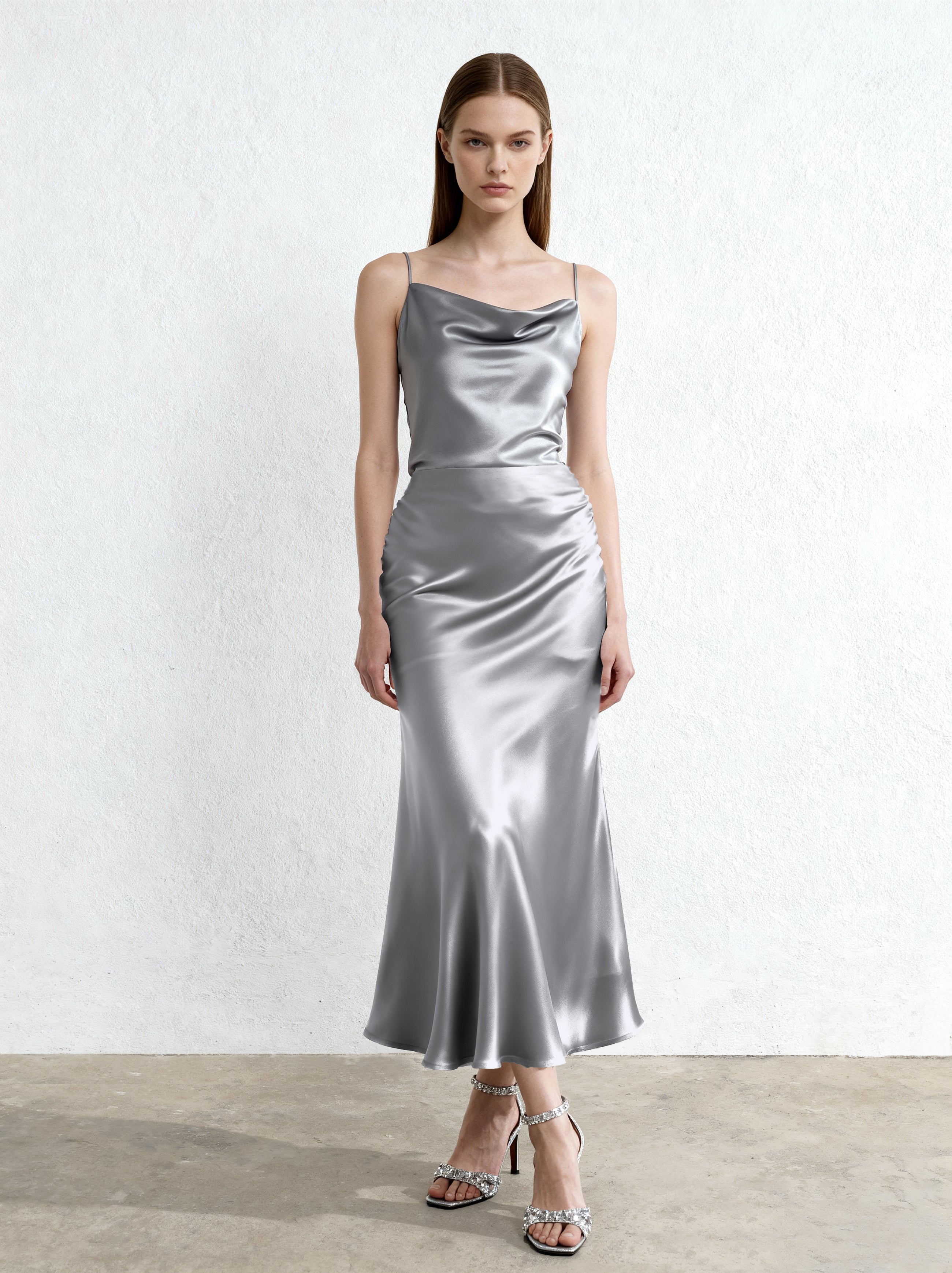 Liquid Satin Mermaid Maxi Skirt - Silver