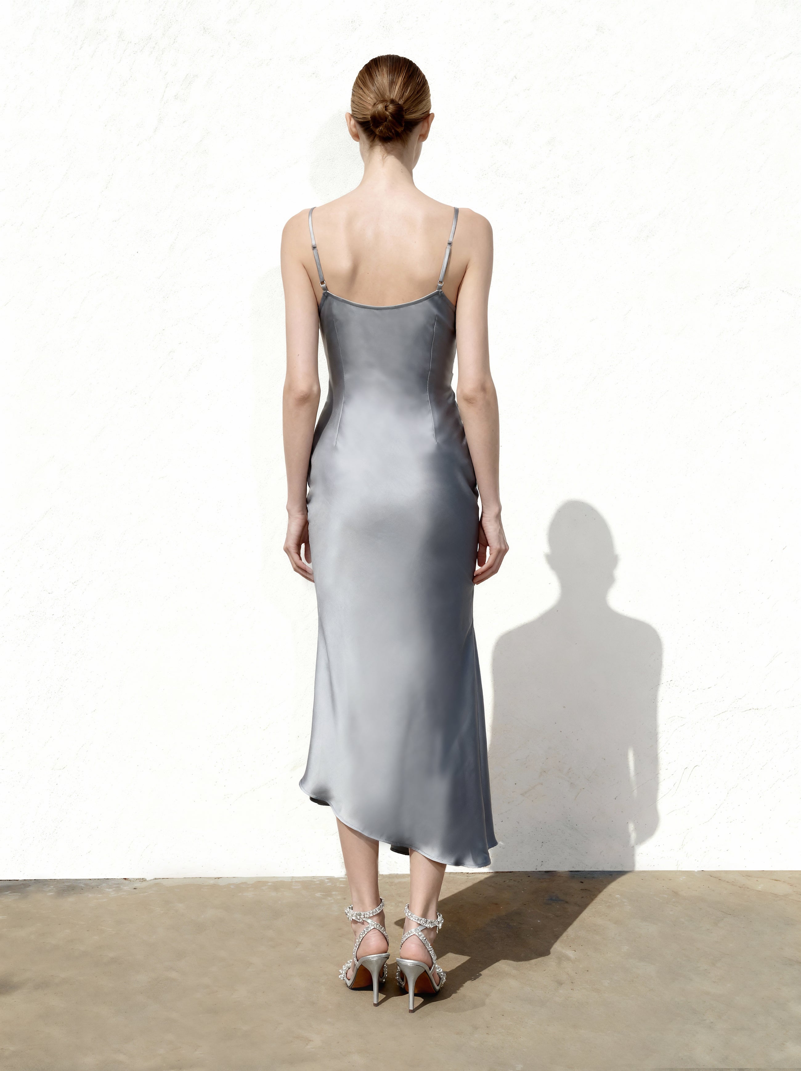 Liquid Satin Cowl-Slit Gown - Silver