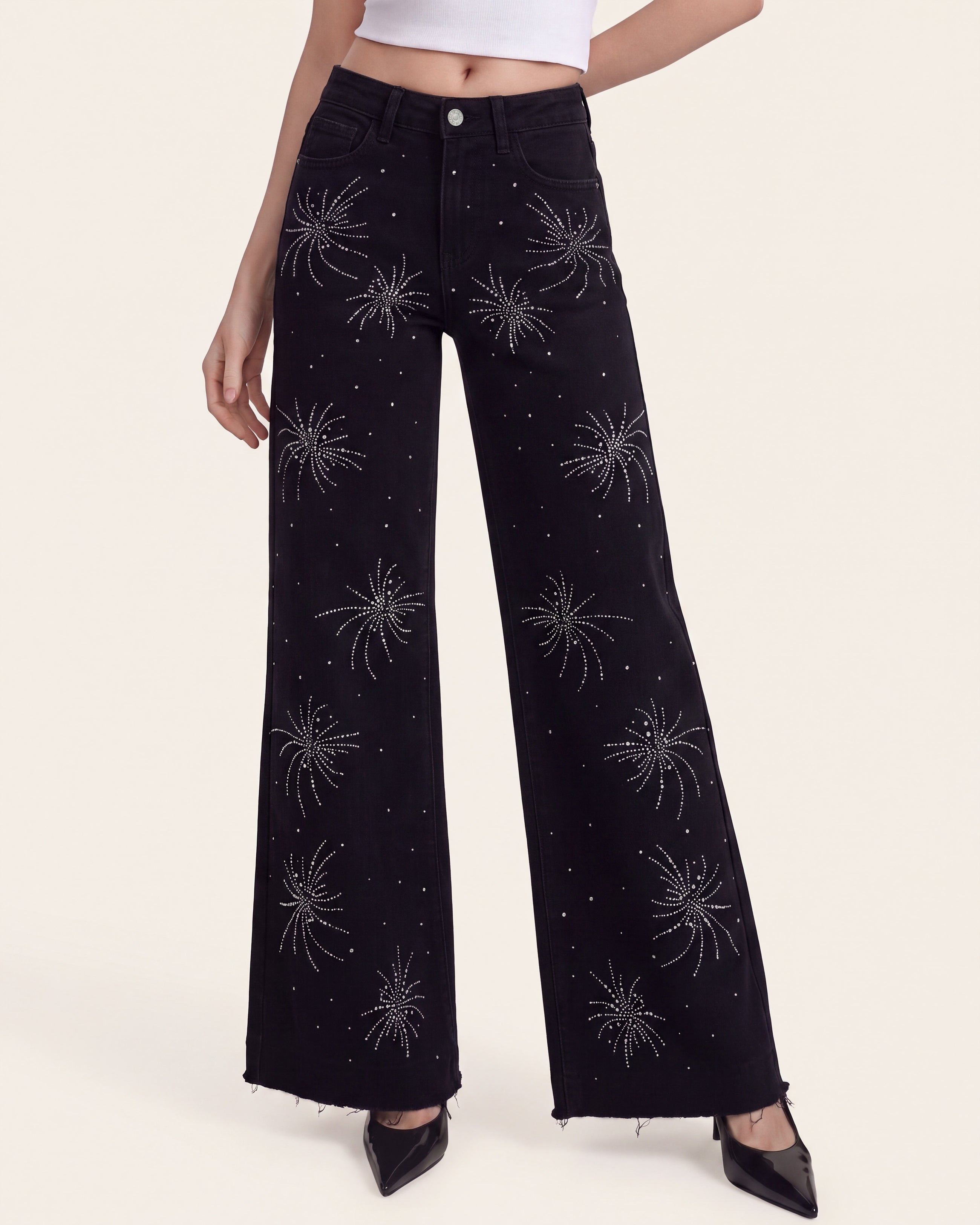 The Stellar Starburst Fray Wide-Leg Jeans - Black