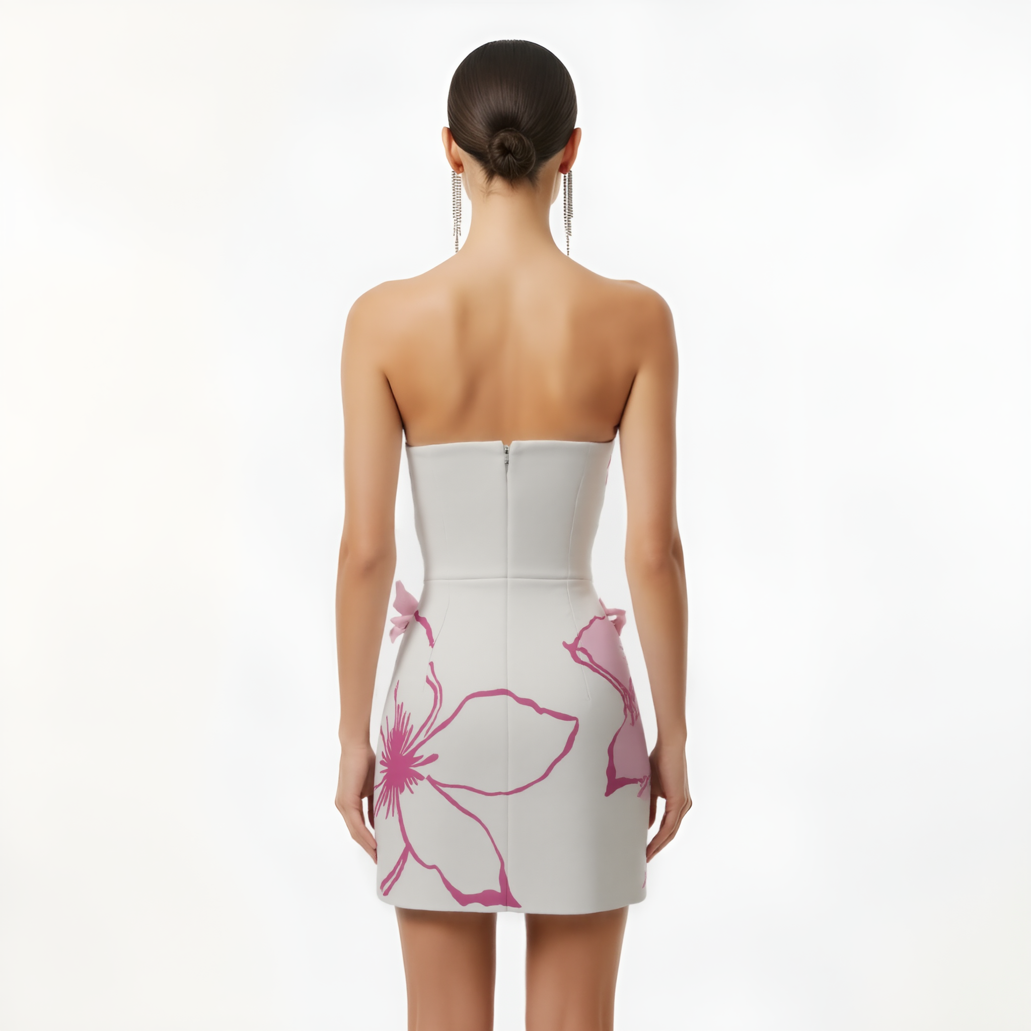 Mini Dress with Pink Floral Appliqués - White/Pink