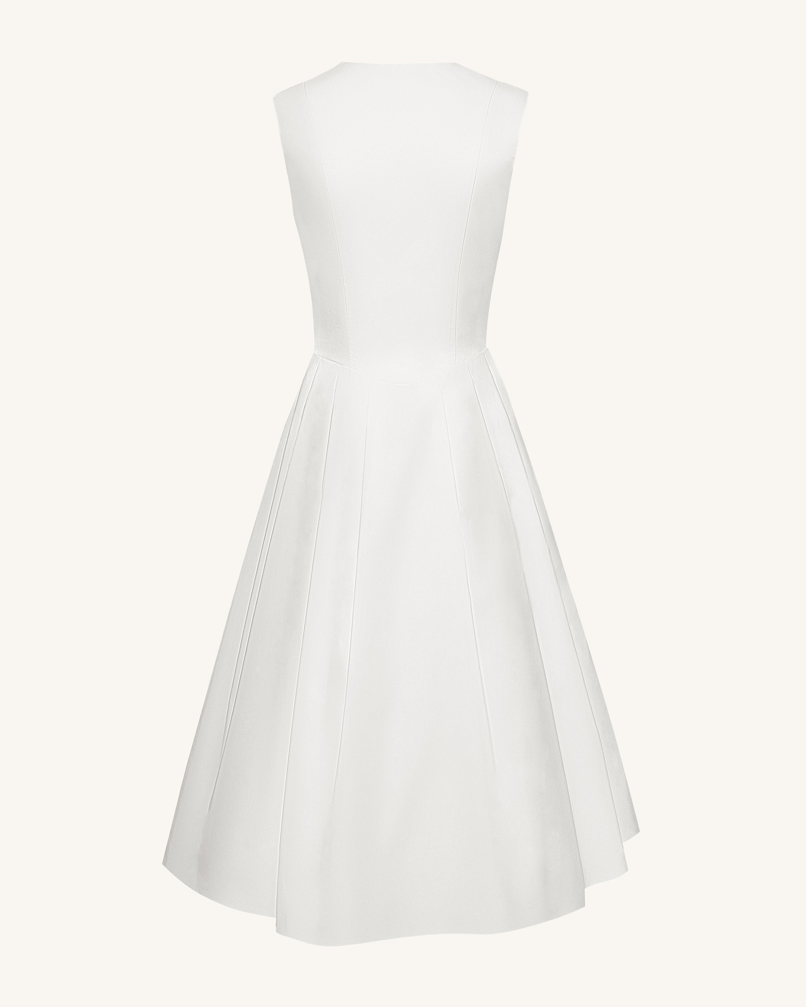 Front V-Neck Pleated Midi Dress - White