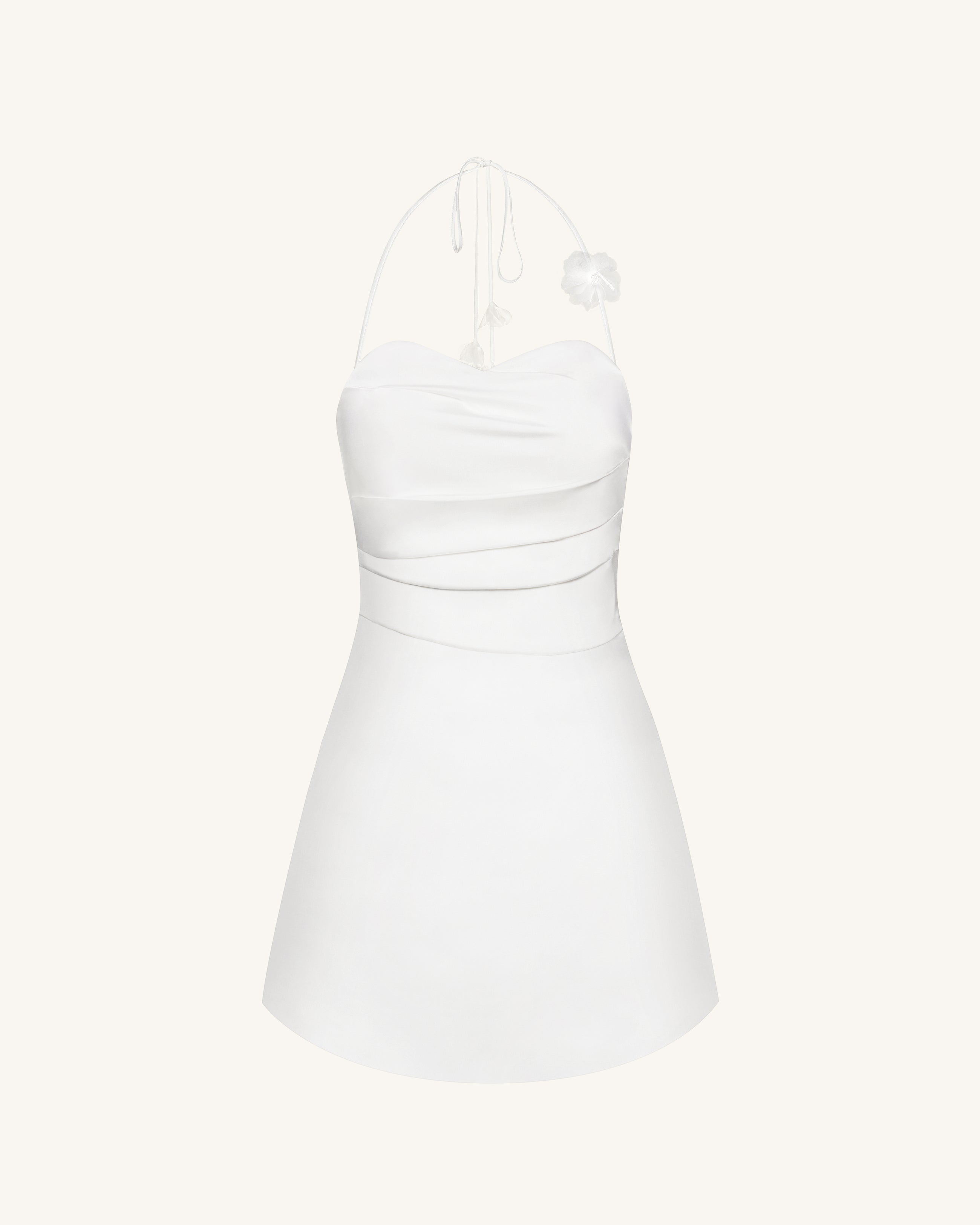 Floral Ruched Halter Mini Dress - White