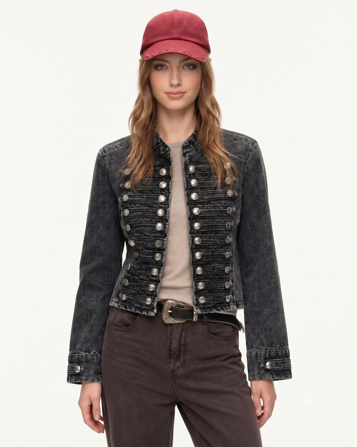Hussar Braided Stand Collar Denim Jacket - Washed Charcoal