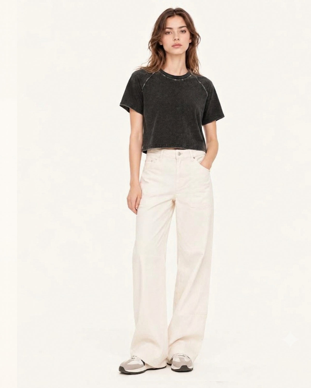 Distressed Raglan Cropped Tee - Faded Obsidian
