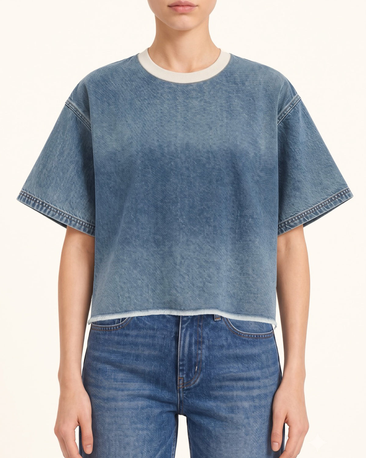 Contrast Rib Denim Cropped Tee - Washed Blue