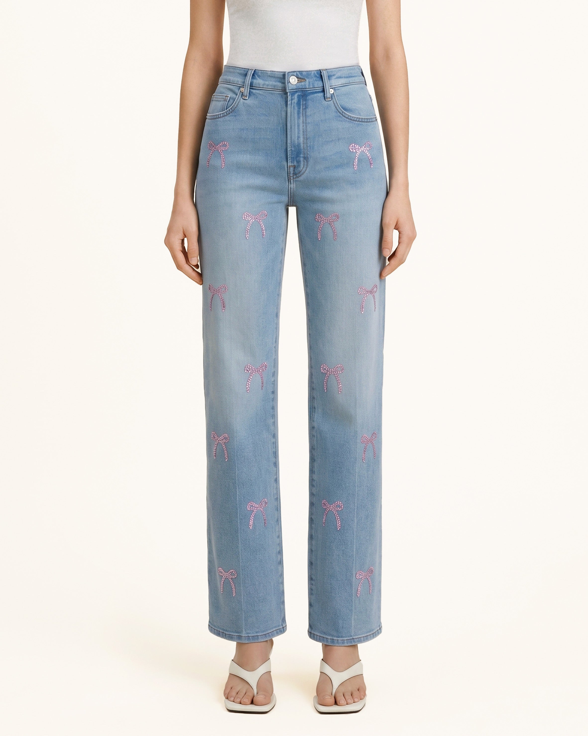 Sweetheart Pink Bow Rhinestone Straight Jeans - Pale Blue Eyes
