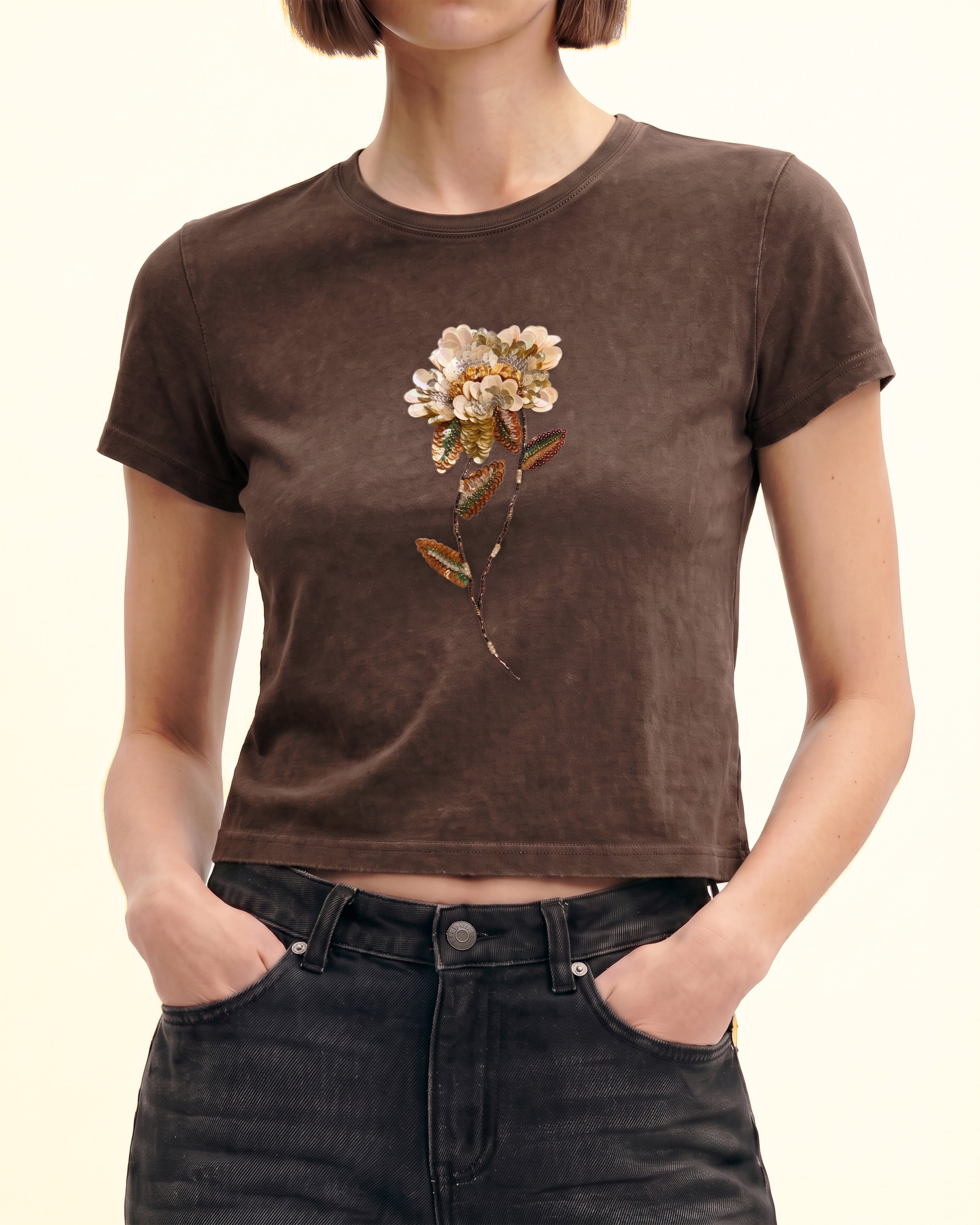 Mirage 3D Sequin Flower Tee - Earthy Brown