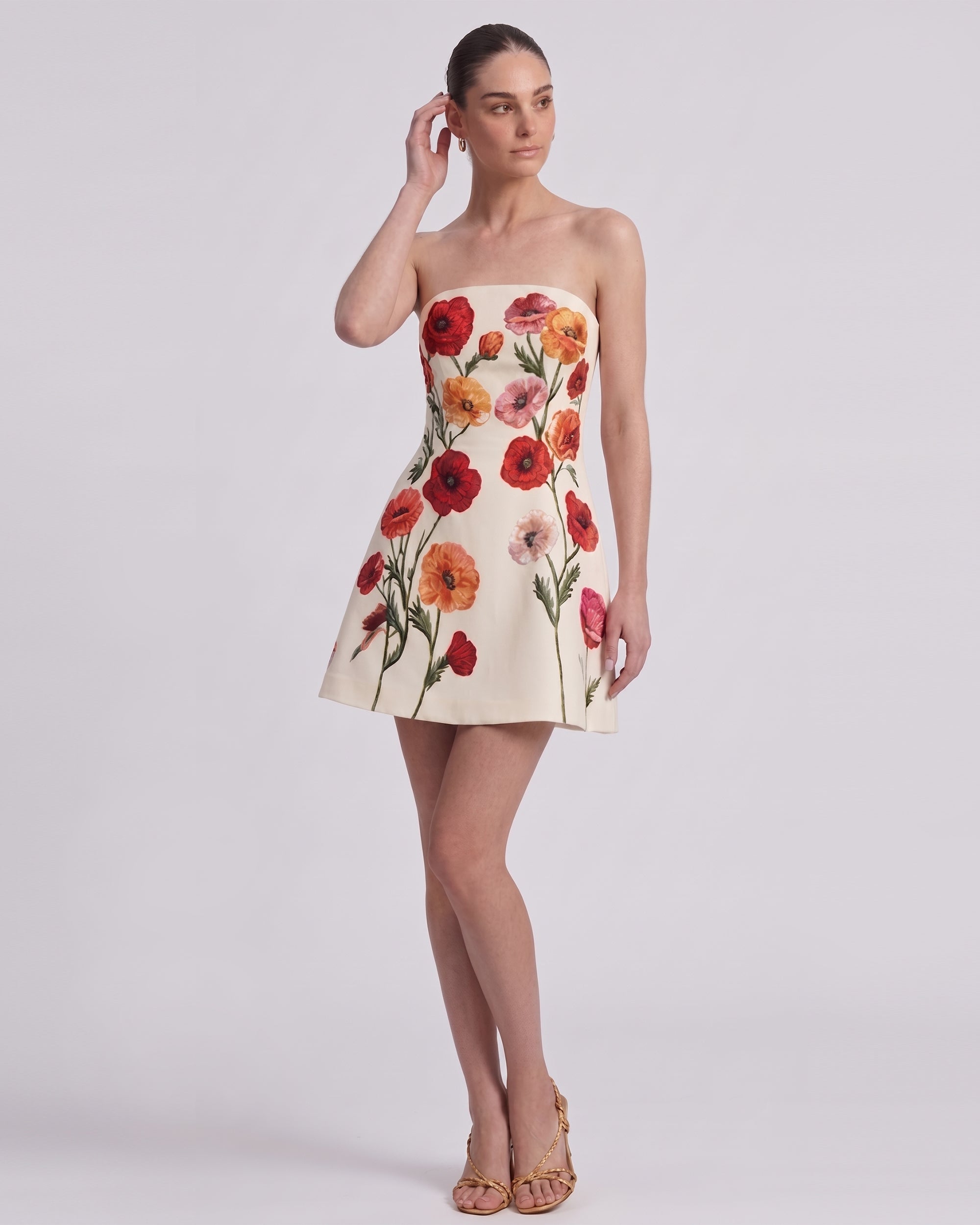 poppy mini dress ivory Corn Floral Strapless A-Line - UK 12