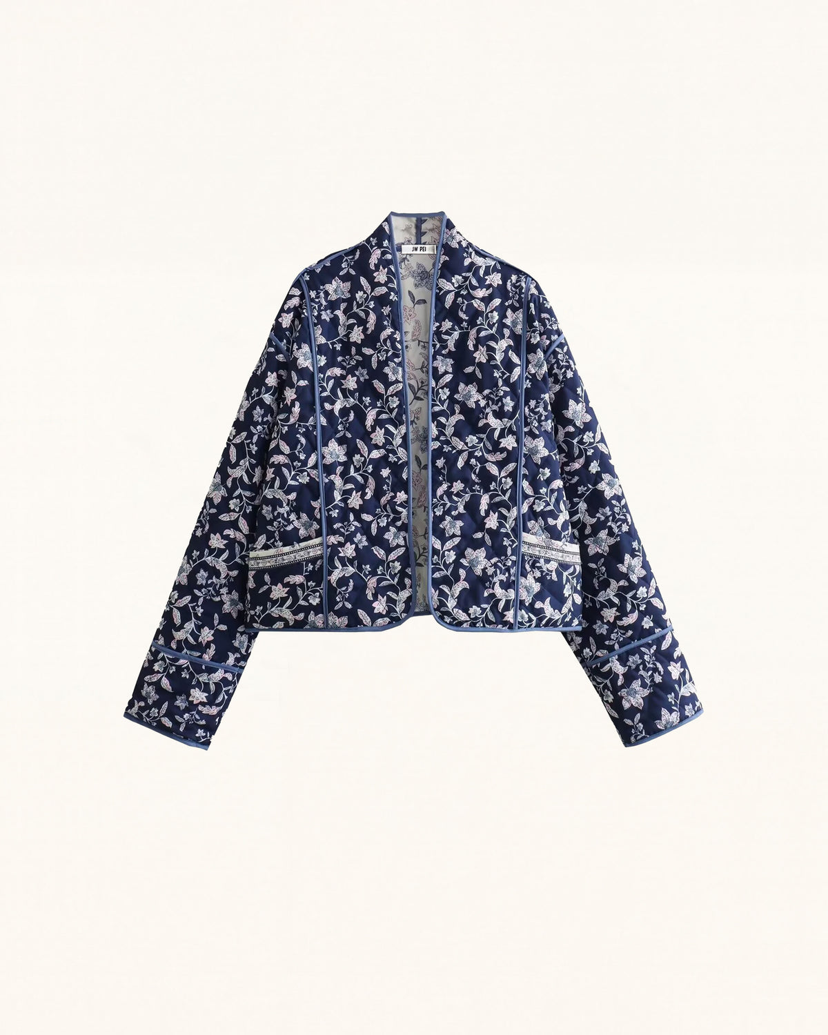 Floral Print Polyester Jacket - Navy Blue