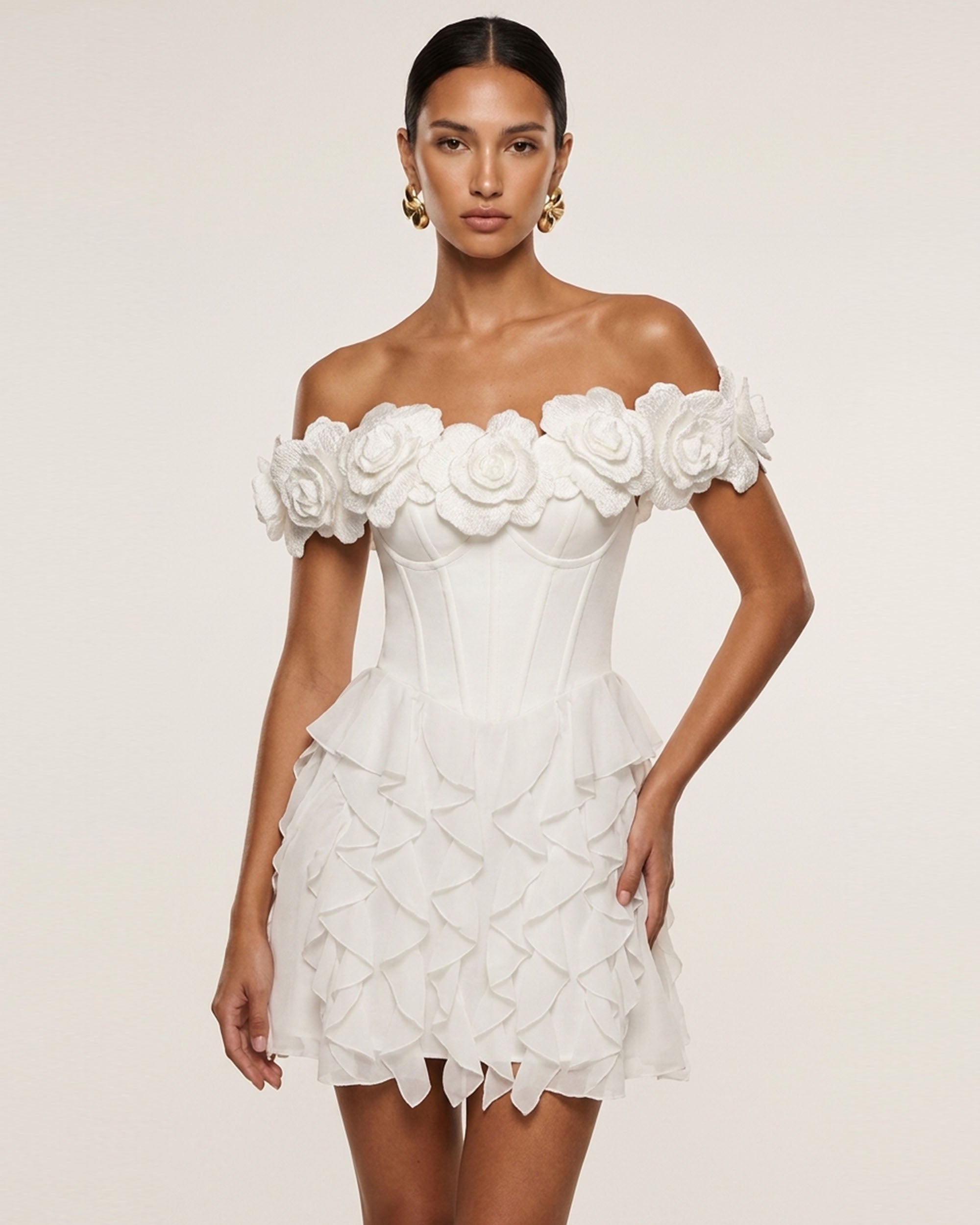 Flower Embroidered Off-Shoulder Corset Mini Dress - White
