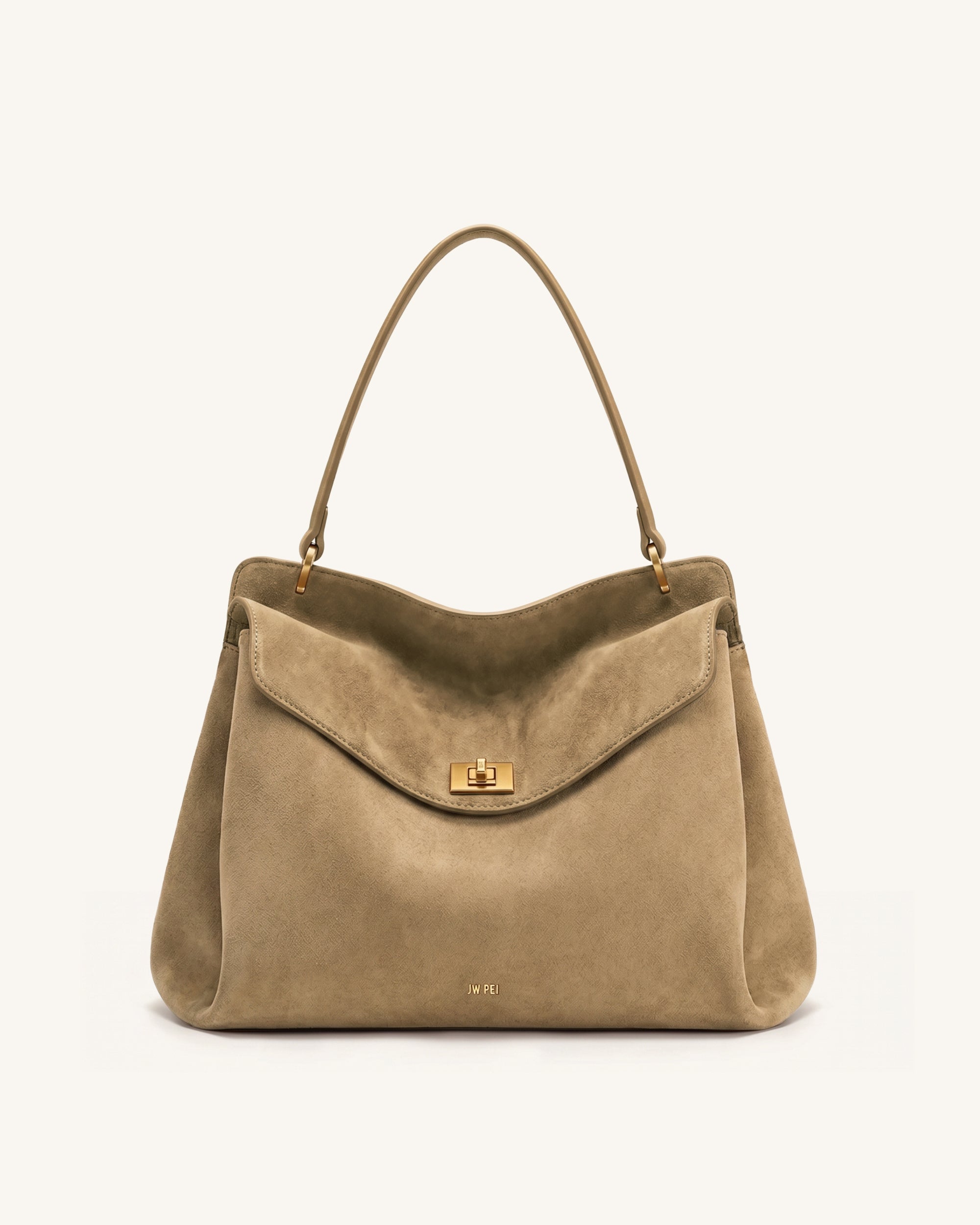 Lucia Turn-Lock Faux Suede Shoulder Bag - Khaki Brown