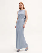 Tulip Appliqué Cowl-Back Satin Column Maxi Dress - Ice Blue