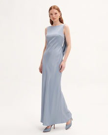 Tulip Appliqué Cowl-Back Satin Column Maxi Dress - Ice Blue