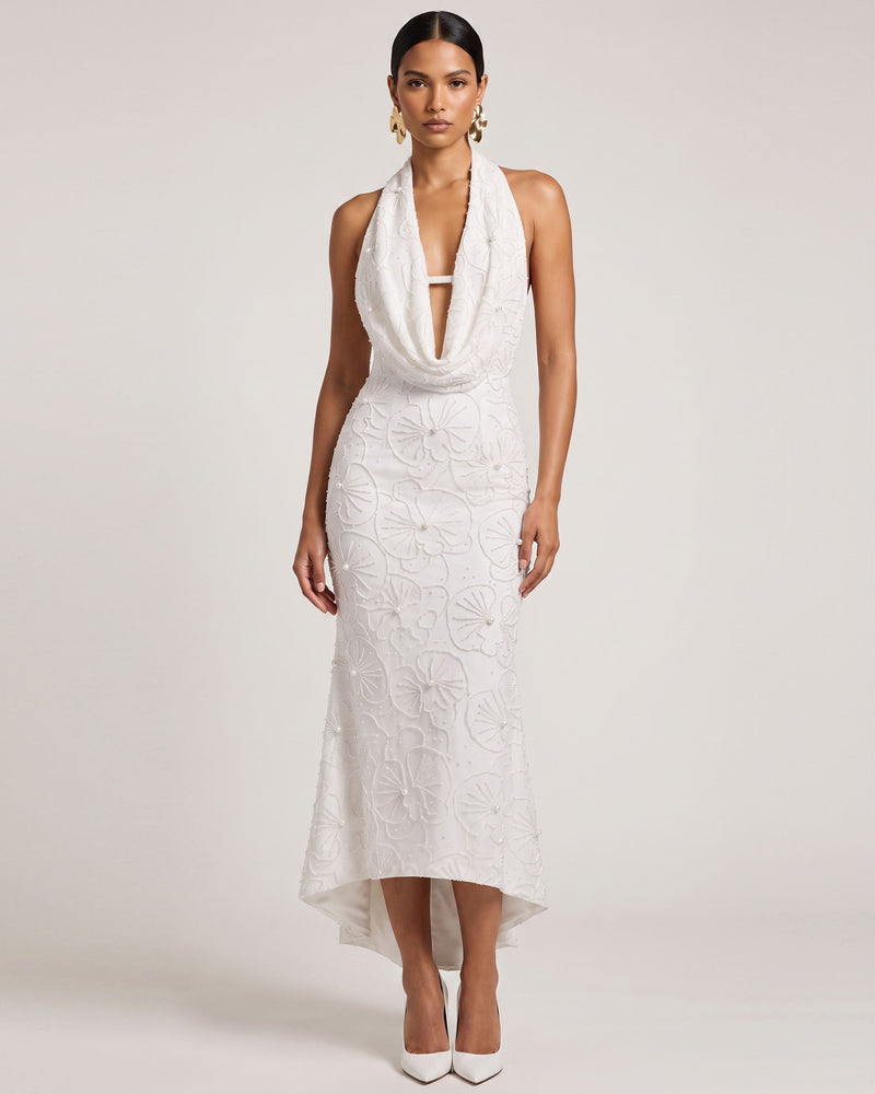 Orchid Beaded Embroidered High-Low Cowl Halter Dress - White