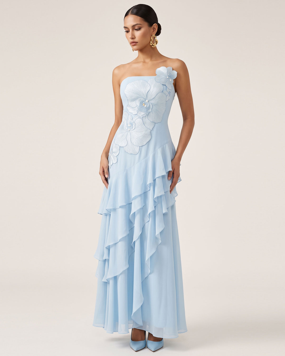 Orchid Embroidered Strapless Layered Maxi Dress - Light Blue