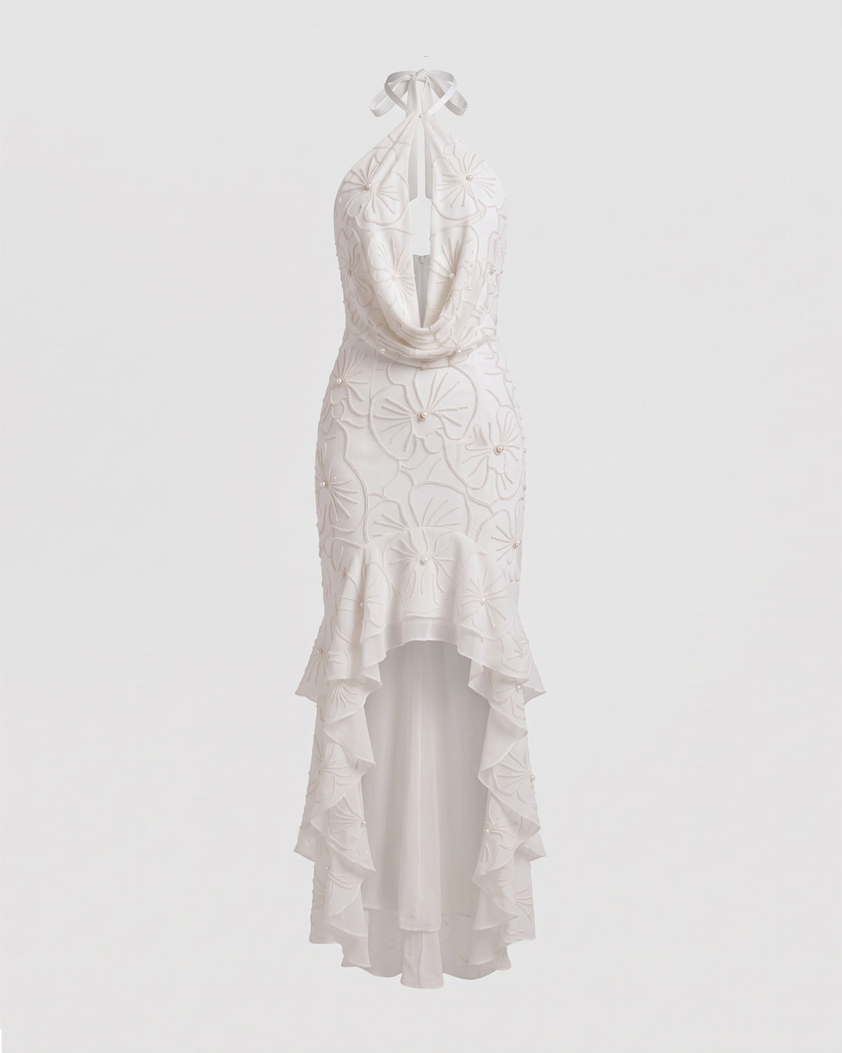 Orchid Beaded Embroidered Halter Cowl Neck High-Low Maxi Dress - White