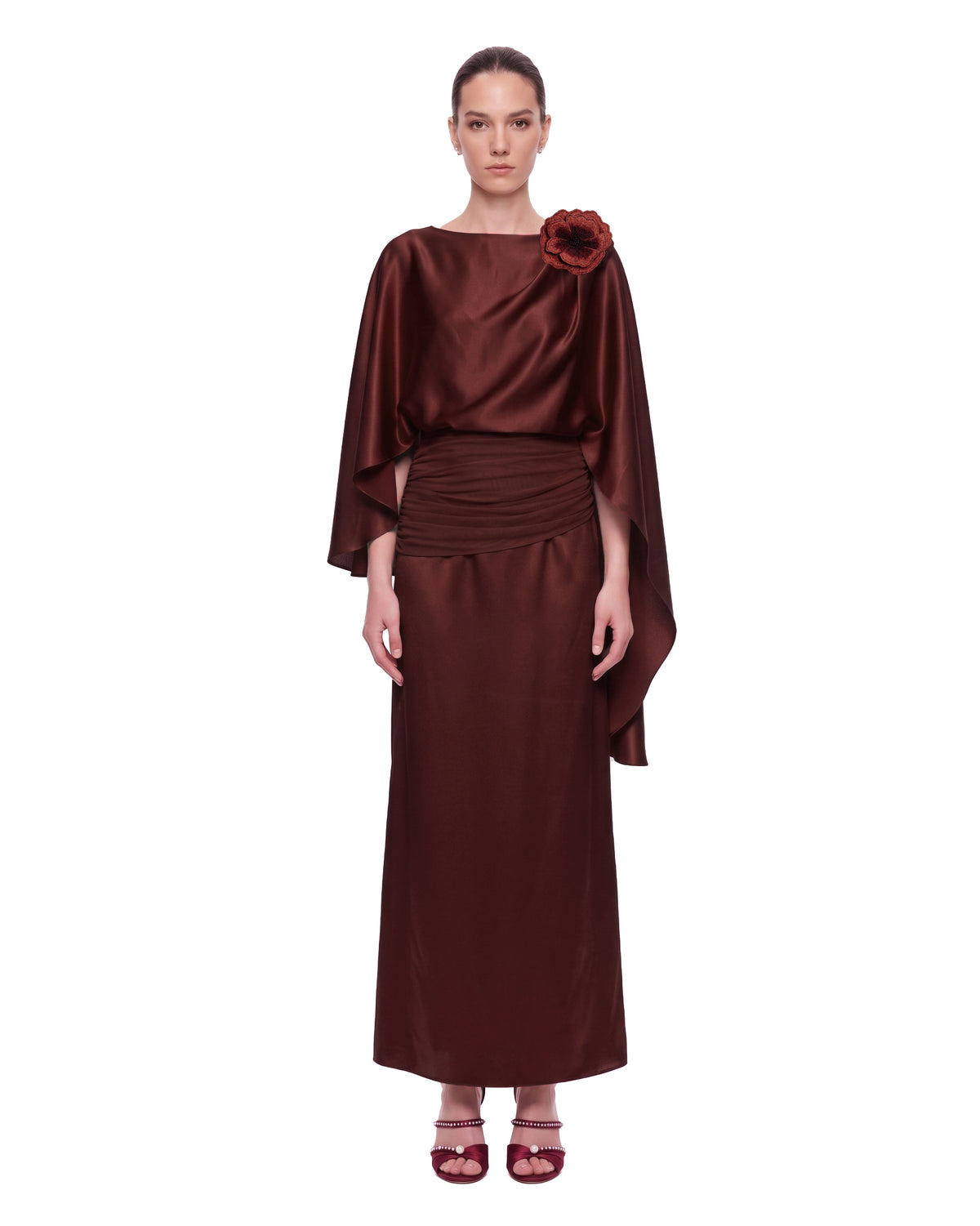 3D Floral Draped Cape Maxi Dress - Deep Burgundy