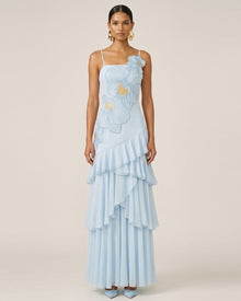 Orchid Embroidered Ruffled One-Shoulder Maxi Dress - Blue