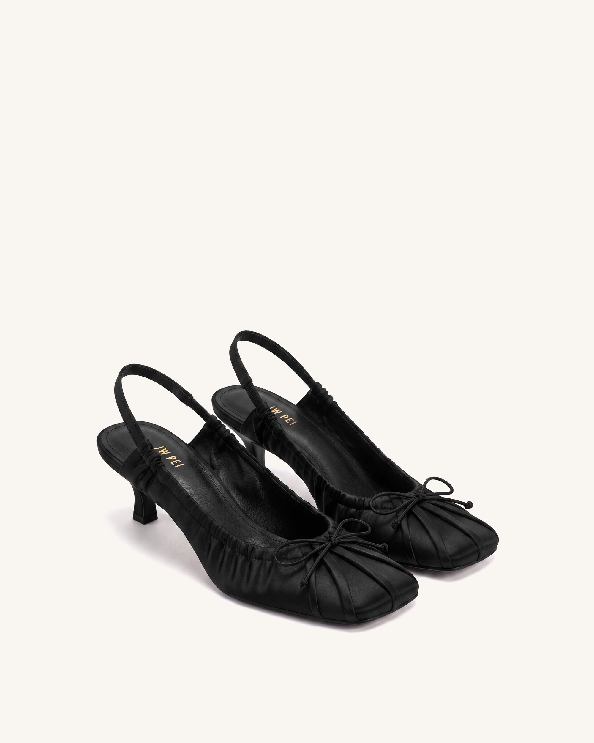 Solenne Satin Bow Ruched Slingback Pumps - Black