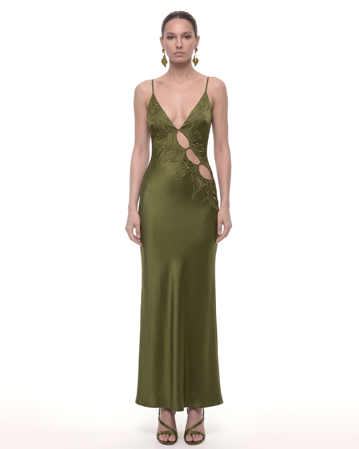 Embroidered Floral Cutout Strappy Satin Maxi Dress - Olive