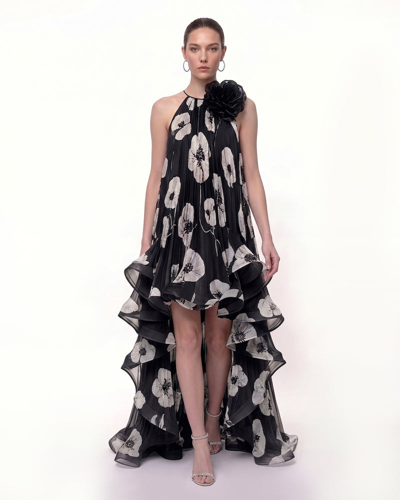 Floral Chiffon High-Low Halter Dress - Black