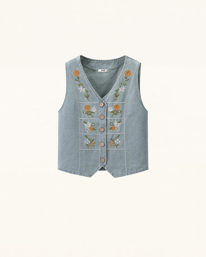 Folk Daisy Embroidered Denim Vest - Washed Sage