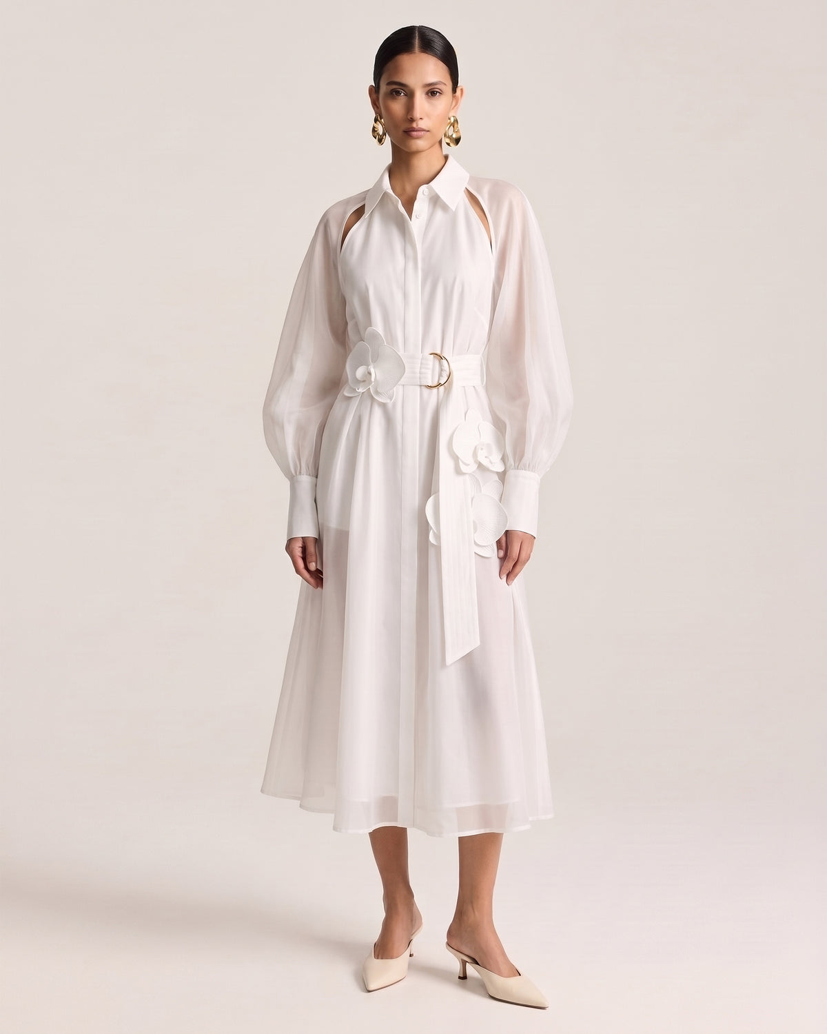 Orchid Embellished Cold-Shoulder Midi Shirt Dress - Off White