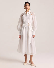 Orchid Embellished Cold-Shoulder Midi Shirt Dress - Off White