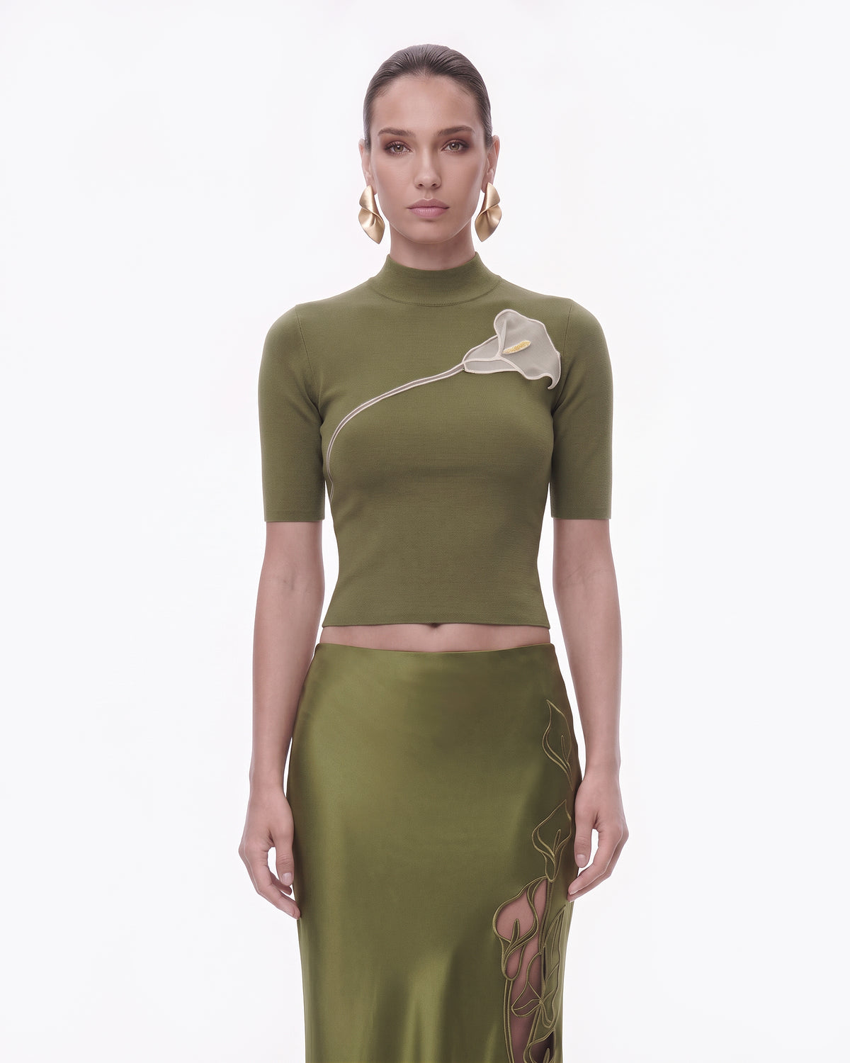 3D Floral Mock-Neck Knit Crop Top - Olive Green
