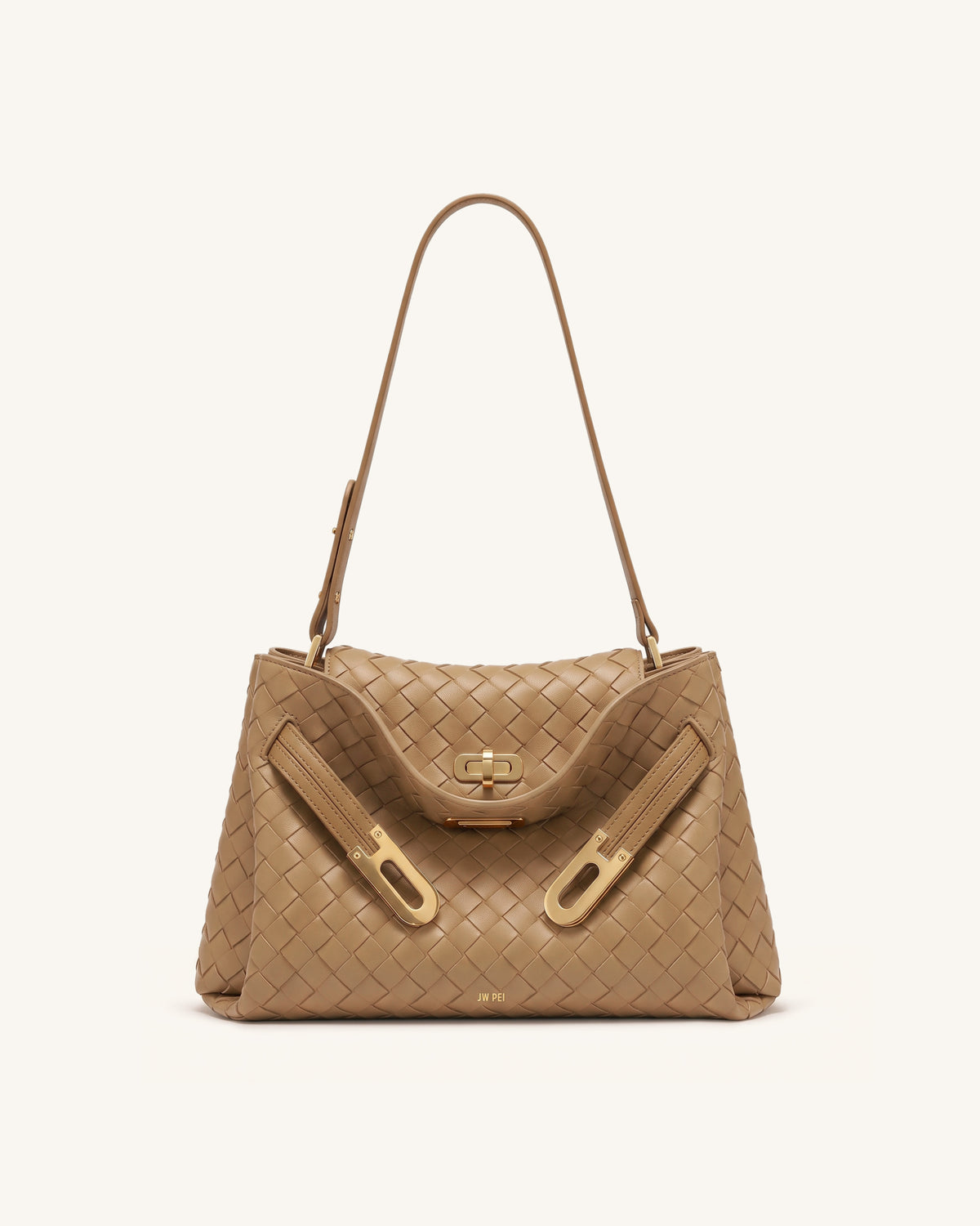Rhea Woven Texture Double Buckle Shoulder Bag - Light Brown