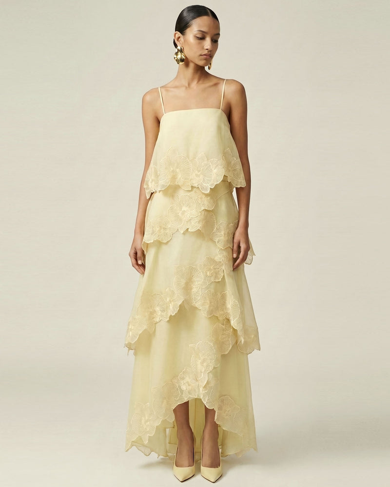 Orchid Embroidered Layered Maxi Dress - Light Yellow