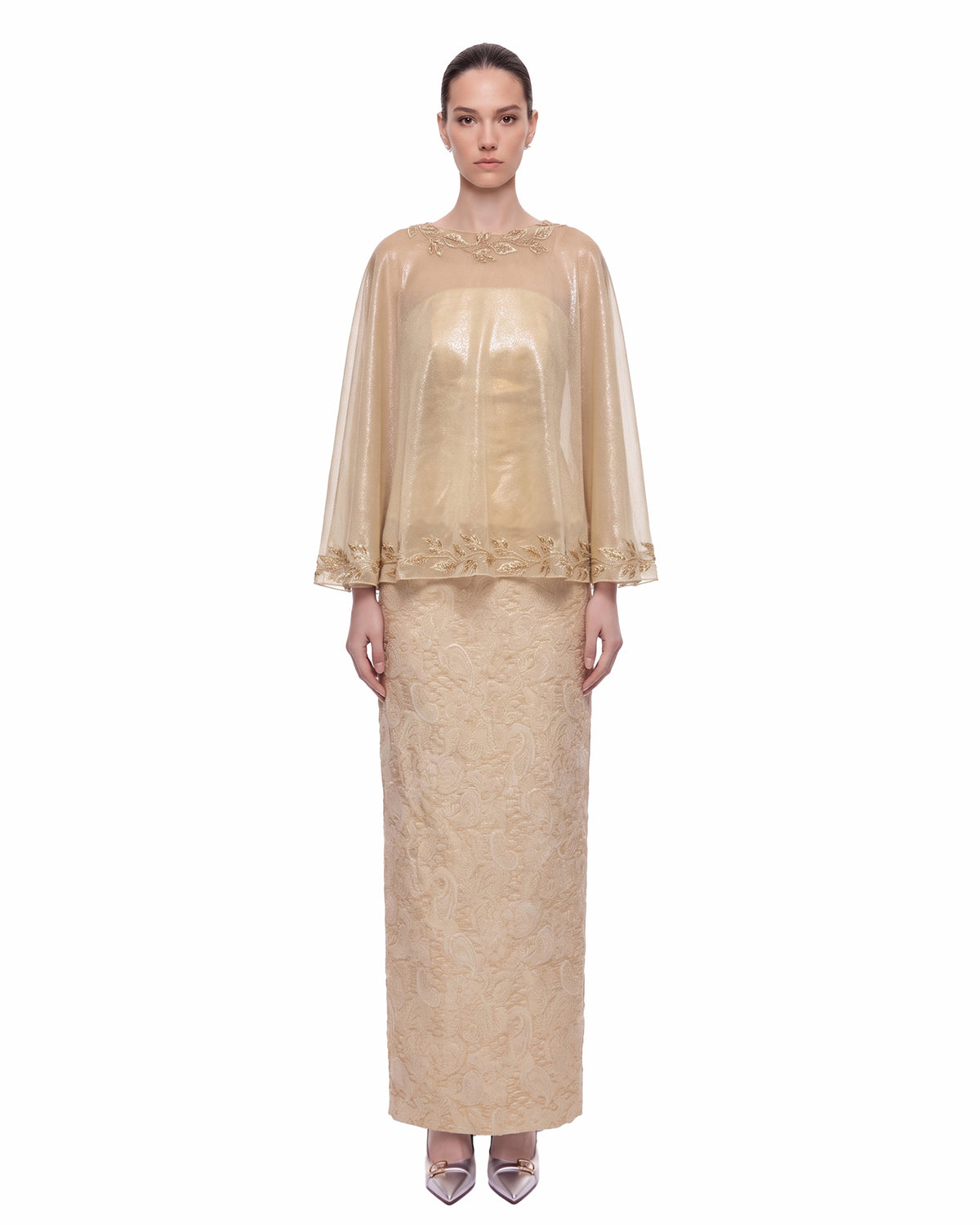 Embroidered Sheer Cape Maxi Dress - Champagne