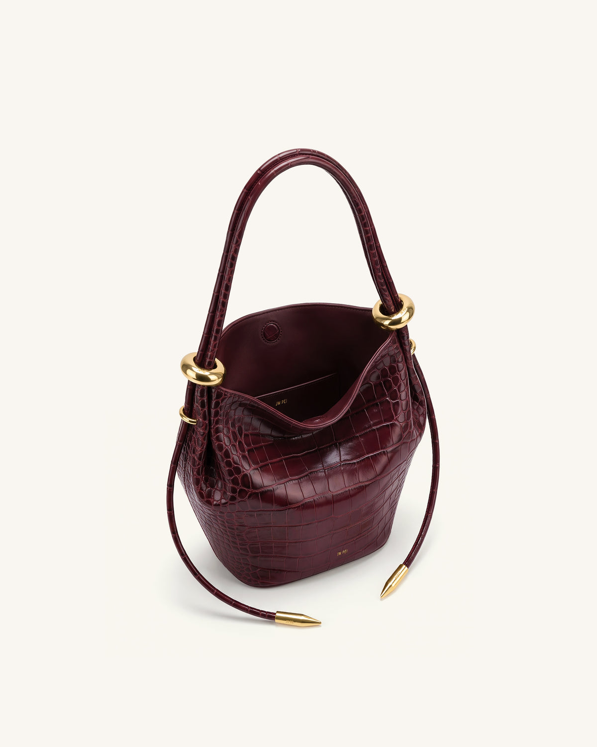 Ellie Metal Ring Embellished Bucket Bag - Burgundy Croc