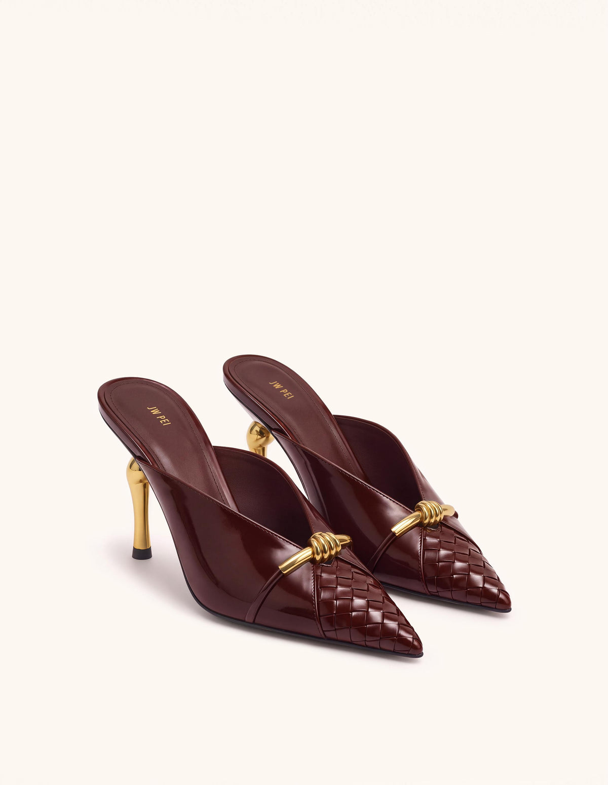 Lena Metal Rope Knot Woven Panel Mules - Burgundy