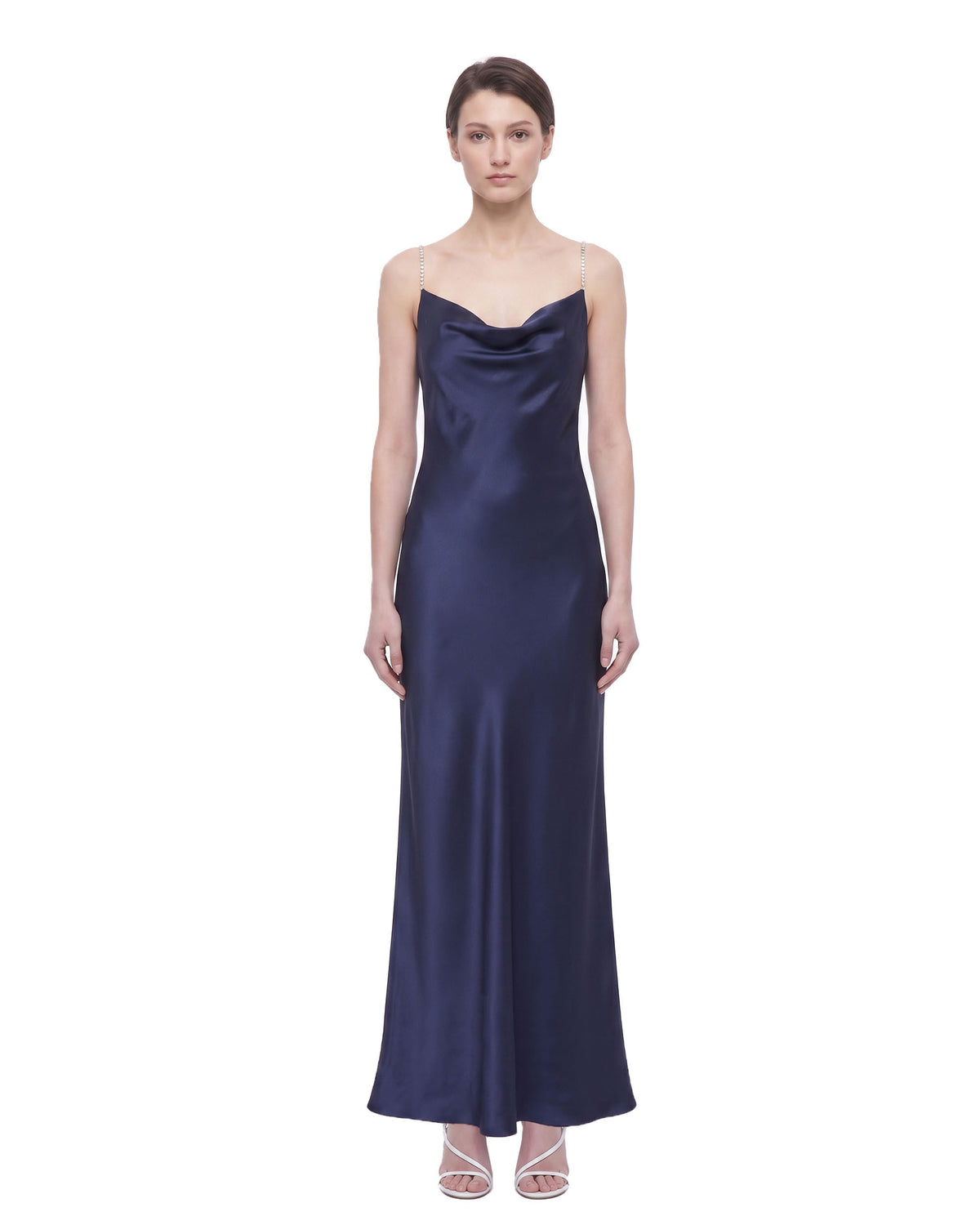 Floral Embellished Cowl-Neck Open-Back Satin Maxi Dress - Navy