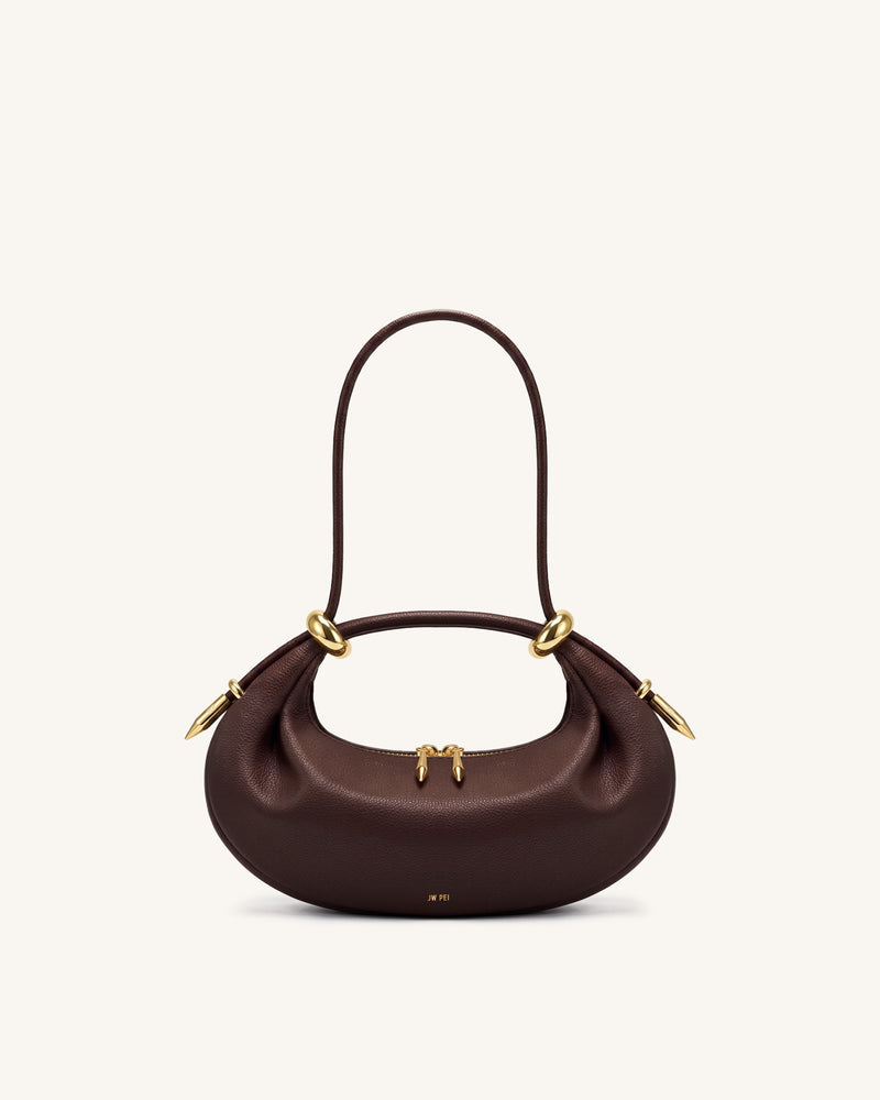 Ellie Metal Ring Embellished Crescent Top Handle Bag - Dark Brown