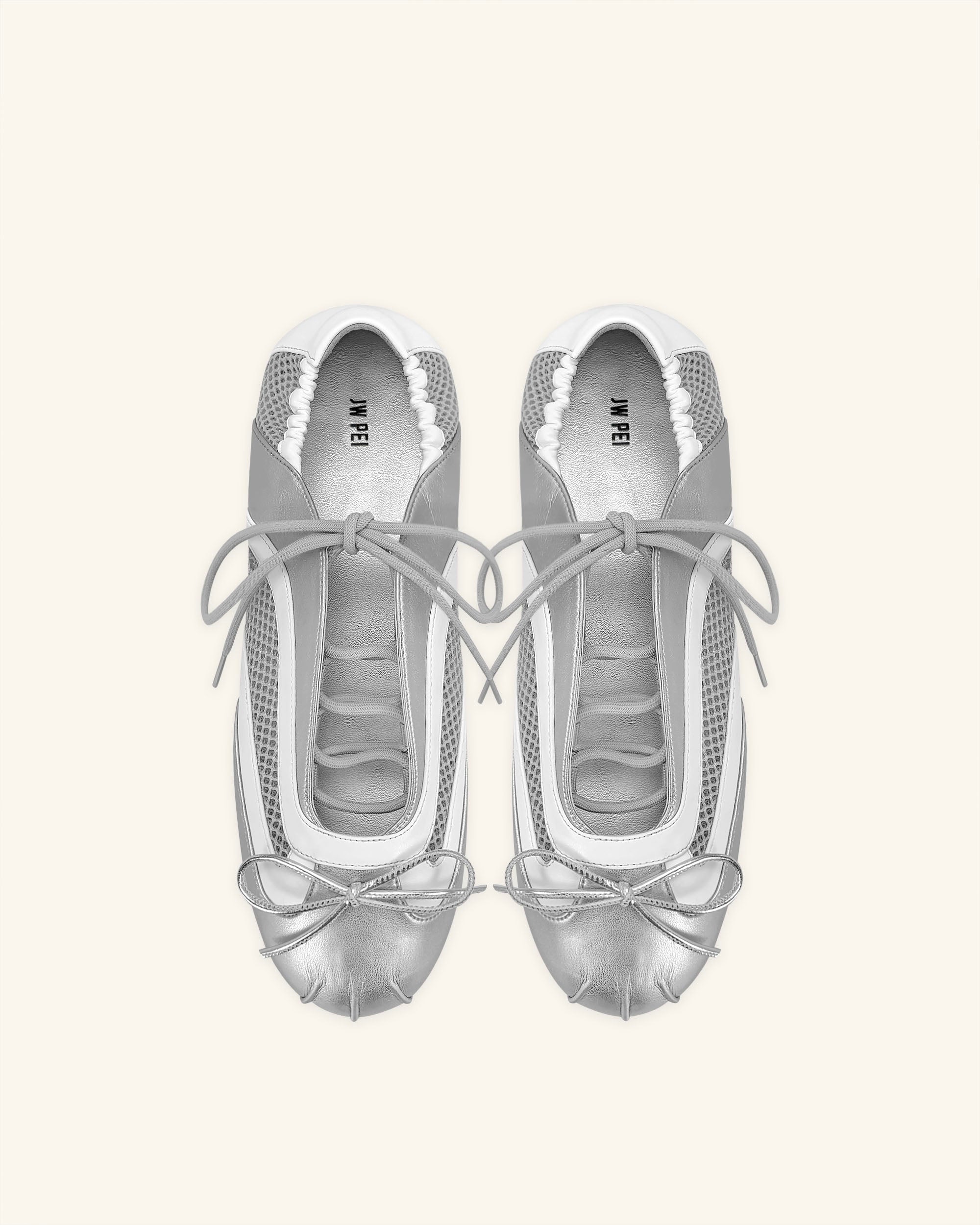 Lena Lace-Up Ballet Sneakers - Metallic Silver & White