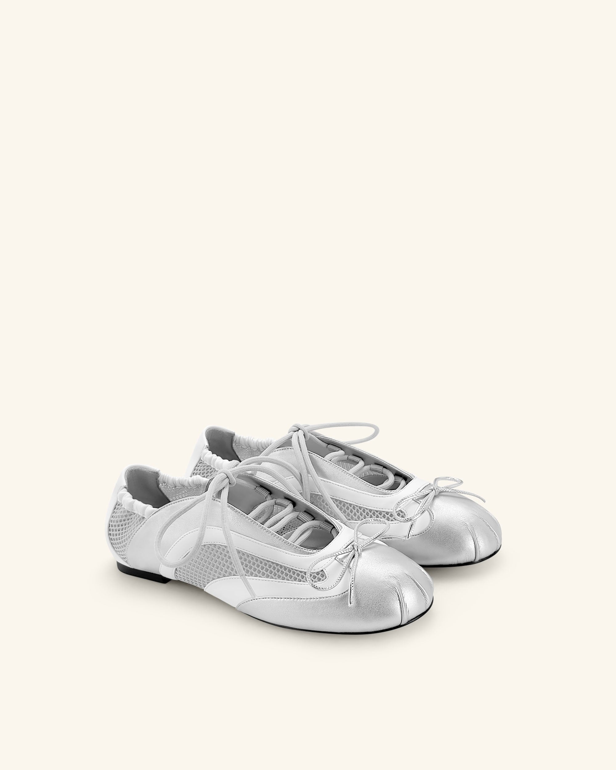 Lena Lace-Up Ballet Sneakers - Metallic Silver & White