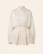 Orchid-Embroidered Drawstring-Waist Shirt Dress - Ivory White