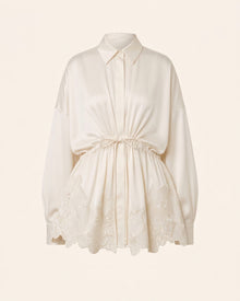 Orchid-Embroidered Drawstring-Waist Shirt Dress - Ivory White