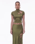 Floral Cutout Satin Top - Olive Green