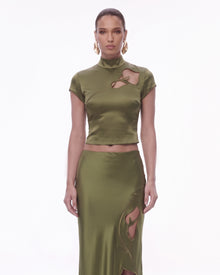 Floral Cutout Satin Top - Olive Green