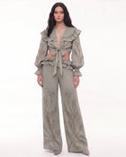 Calla Lily Ruffle Tie-Front Wide-Leg Pants - Sage Green